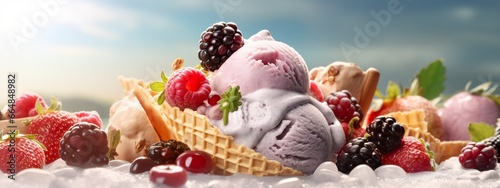 Banner with ice cream in a waffle cone on a summer day. © MdKamrul