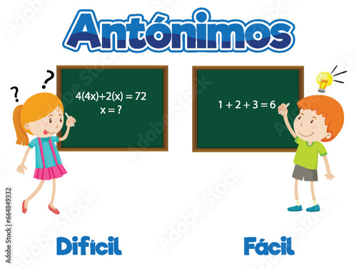 Colorful vector illustration of antonyms Dificil and Facil in Spanish means difficult and easy