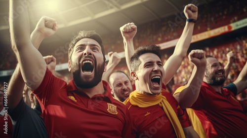 Group of sport fans on stadium cheering football match with flags national, Celebrating to the winner.