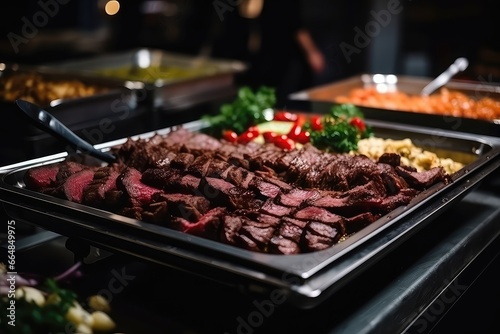 Catered Buffet Indoors, Sizzling Grilled Meat Entices Guests