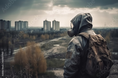 A stalker in a hooded suit and with a gas mask stands on the outskirts of an abandoned city. Exclusion zone. Copy space