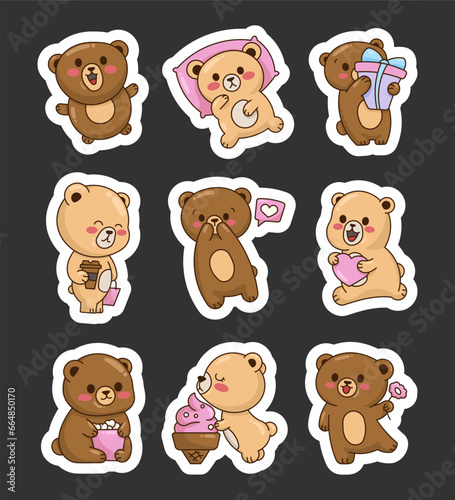 Cute kawaii bear different poses. Sticker Bookmark. Emoji cartoon character. Hand drawn style. Vector drawing. Collection of design elements.