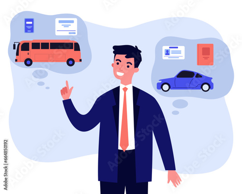 Man choosing public transport instead of his own car. Vector illustration. Exchange of drivers license for public transport pass. Free public transport concept