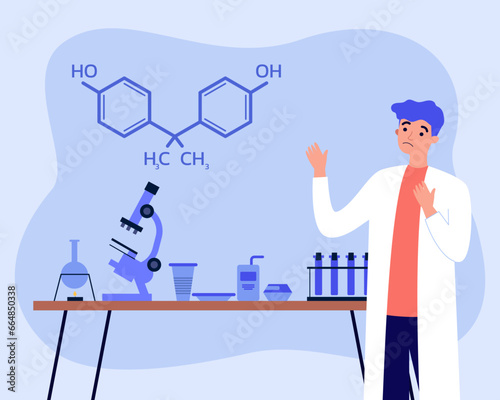 Ecological lab scientist troubled about exceeds of safety levels of bisphenol. Plastic tableware, drinking straws, microscope on lab table. Environment, population concept