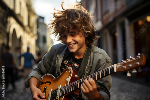 A street musician. A young man plays guitar on a city street.