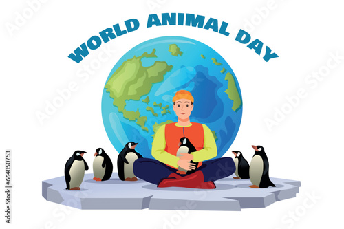 Banner concept animal day in flat cartoon design. This illustration is dedicated to World Animal Day, demonstrating people's concern for penguins. Vector illustration.