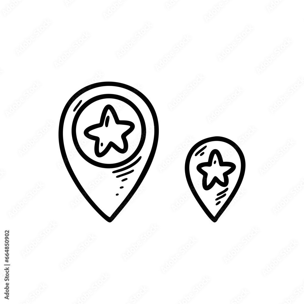 Doodle star map pin. Recommended favourite place of interest location. Hand drawn sketch gps marker. Doodle star map pin. Recommended favourite place of interest location. Hand drawn sketch gps marker.