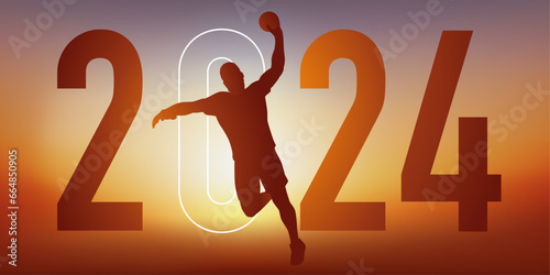 Concept du sport sur le thème du handball pour une carte de vœux 2024, montrant un handballeur qui s’élance pour marquer au but.