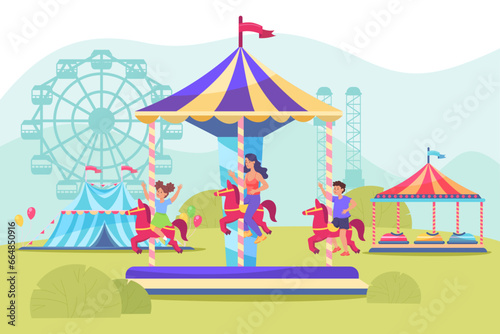 Illustration of entertainment park with merry-go-rounds. Mom with children having fun in park. Entertainment, weekend, family concept