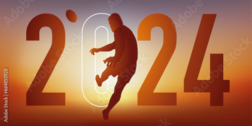 Concept du sport sur le thème du rugby pour une carte de vœux 2024, montrant un rugbyman qui s’élance pour transformer un essais. photo