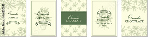 Set of cannabis vertical designs for packaging, social media posts, store decoration, branding, certificates. Marijuana vector illustration in sketch style. Hemp engraved background
