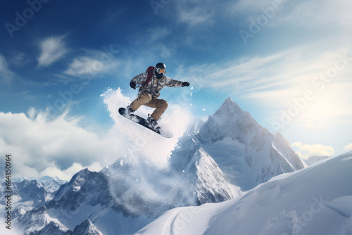 Man doing midair tricks with snowboard while riding off piste.