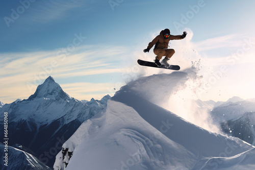 Snowboarder gets air off of a jump on a deep powder above a glacier. © trompinex