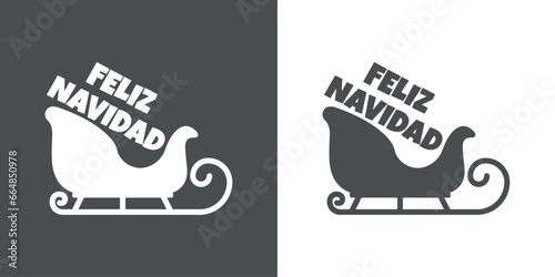 Tiempo de Navidad. Logo con palabras en texto manuscrito Feliz Navidad en español con silueta de trineo de Santa para su uso en invitaciones y felicitaciones