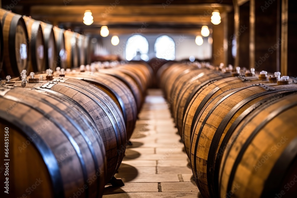Wooden oak Port barrels in neat rows.