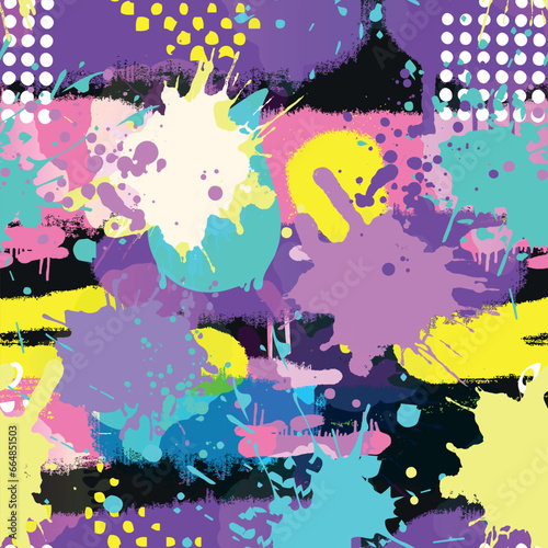 Abstract seamless geometric haotic pattern with scuffed, drops, sprays.  back...