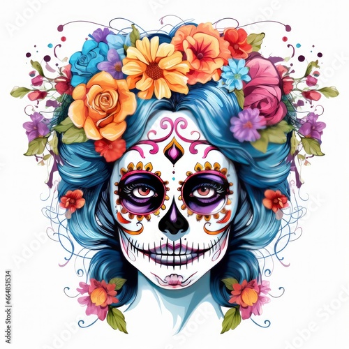 Woman sugar skull with beautiful colored flowers on white background.