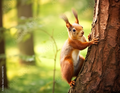Beautiful squirrel on a tree in a forest park in the summer. © MdKamrul