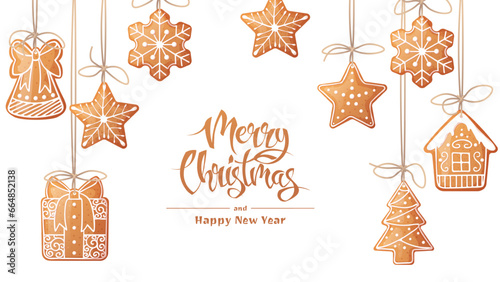 Background with gingerbread cookies hanging on strings. Christmas banner with gingerbread cookies on isolated background. Suitable for design of greeting cards, banners, posters, flyers