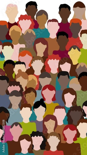 Diversity. Multiracial crowd. Workers group, community in parade or in protest. Flat style. Animated illustration.