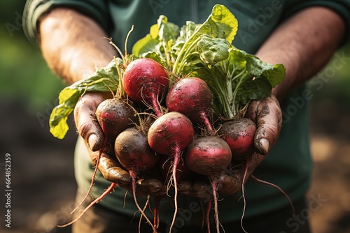 fresh ripe radish in farmer hands on field. Organic farming ,Generative Ai