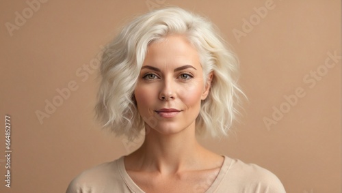 Mature beautiful woman for hair ad, skincare cosmetic caucasian model on beige background