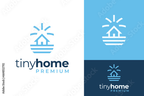 Creative Premium Tiny Home House with Abstract Sun Light Beach Logo Design Branding Template