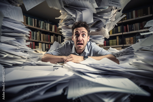 An overwhelmed worker struggles with an unmanageable workload, highlighting inefficiency at the workplace