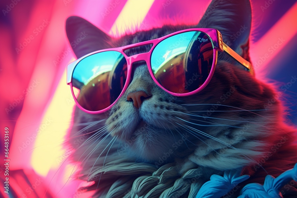 Hipster cat with reflective sunglasses at dusk