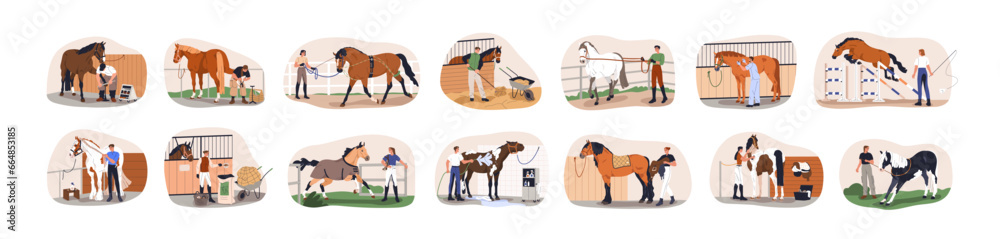 Horse care, treatment and training set. Equestrians with stallions in stables. Workers breeding, cleaning, grooming, feeding equine animals. Flat vector illustrations isolated on white background - obrazy, fototapety, plakaty 