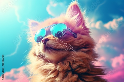 Cool dog with blue sunglasses enjoying sunlight