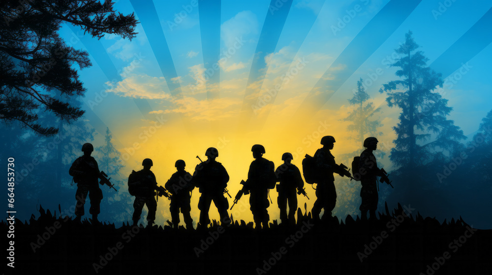 Illustration of war-themed soldier silhouettes on background with yellow and blue colors like a ukrainian flag