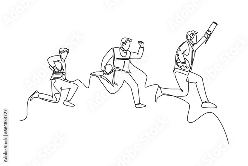 Single one line drawing young happy worker construction and architect jumping to reach his business target together. Business team goal. Modern continuous line draw design graphic vector illustration