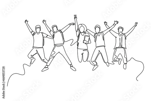 Single continuous line drawing group young happy male and female college student jumping to celebrate their final exam result. Education celebration. One line draw graphic design vector illustration
