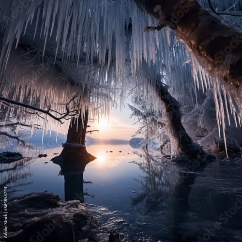 A frozen lake with icicles hanging from the trees in