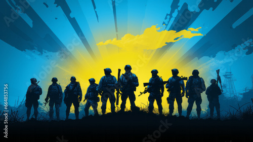 Illustration of war-themed soldier silhouettes on background with yellow and blue colors like a ukrainian flag