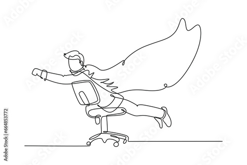 Single one line drawing young happy business man spreading a wing and pretend as super hero who flying using an office chair. Business success. Continuous line draw design graphic vector illustration