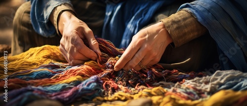 Hands of Elderly woman weaving a basket, a modern traditional heritage craft passed down through generations. The basket is made of straw, wicker, and cotton. photo