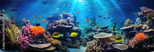 Vibrant healthy sunlit coral reef with colorful tropical fish and sea life 