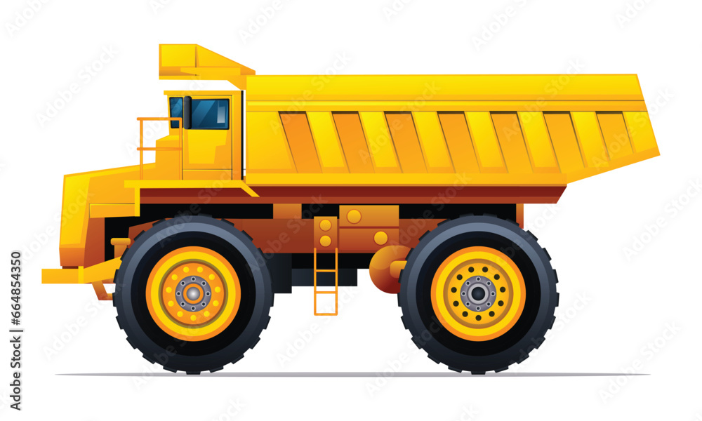 Dump truck side view vector illustration. Heavy machinery construction vehicle isolated on white background