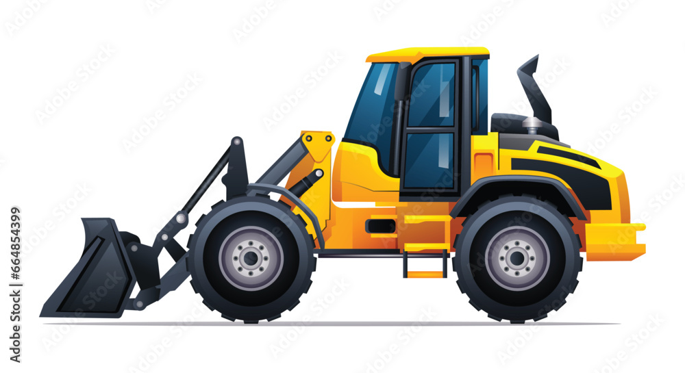 Wheel loader side view vector illustration. Heavy machinery construction vehicle isolated on white background