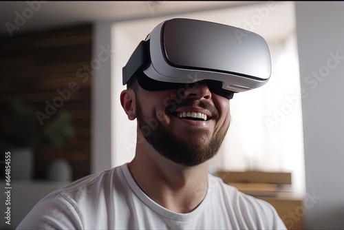 Young happy man wearing a modernistic virtual reality headset © Galina