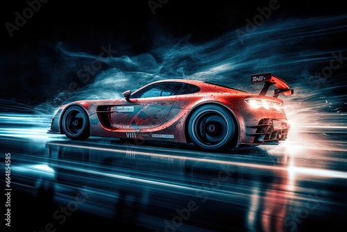 Red sports car on the race at night, long exposition effect.