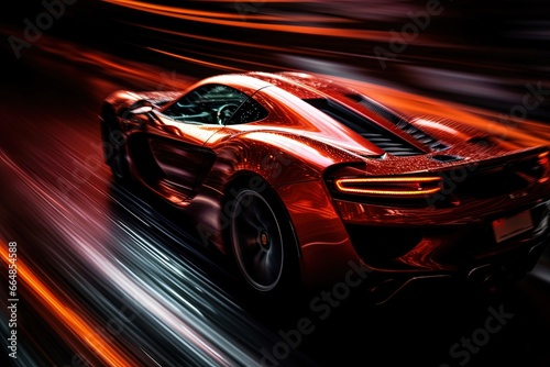Fotografie, Tablou Red sports car at night riding on road, hyper speed.