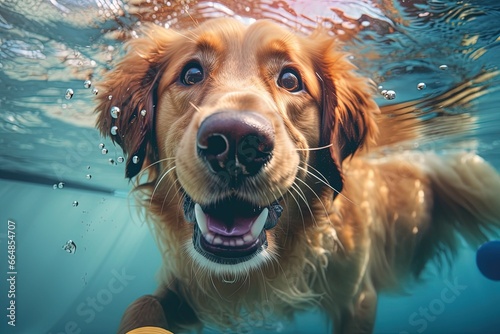 Close up of funny golden retriever swimming underwater in a pool