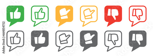 Set of thumb icons. Rating thumb symbols, feedback bubble. Thumb up, thumb down, thumb in the middle. Vector.