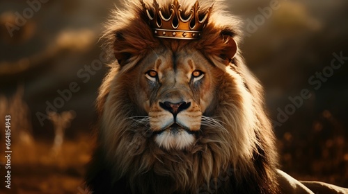 Lion sporting a golden crown and fur collar, blurred savanna backdrop. © Manyapha