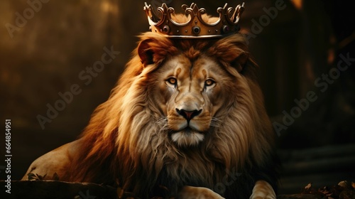 Lion sporting a golden crown and fur collar  blurred savanna backdrop.