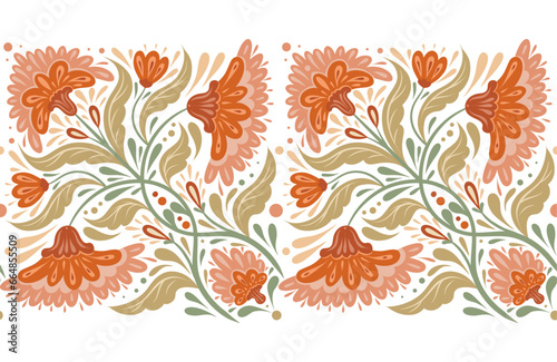 Vector decorative seamless horizontal border with flower arrangement in pastel colors. Folk art frieze with symmetrical orange flowers and stems