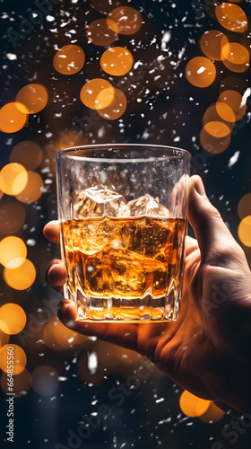 Man hand holding glass of whisky scotch with ice. AI generated image.